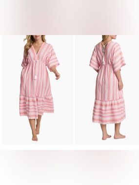 Tommy Bahama Pink Geo Jacquard Tassel Midi Dress XL Boho Beach Coverup Pockets